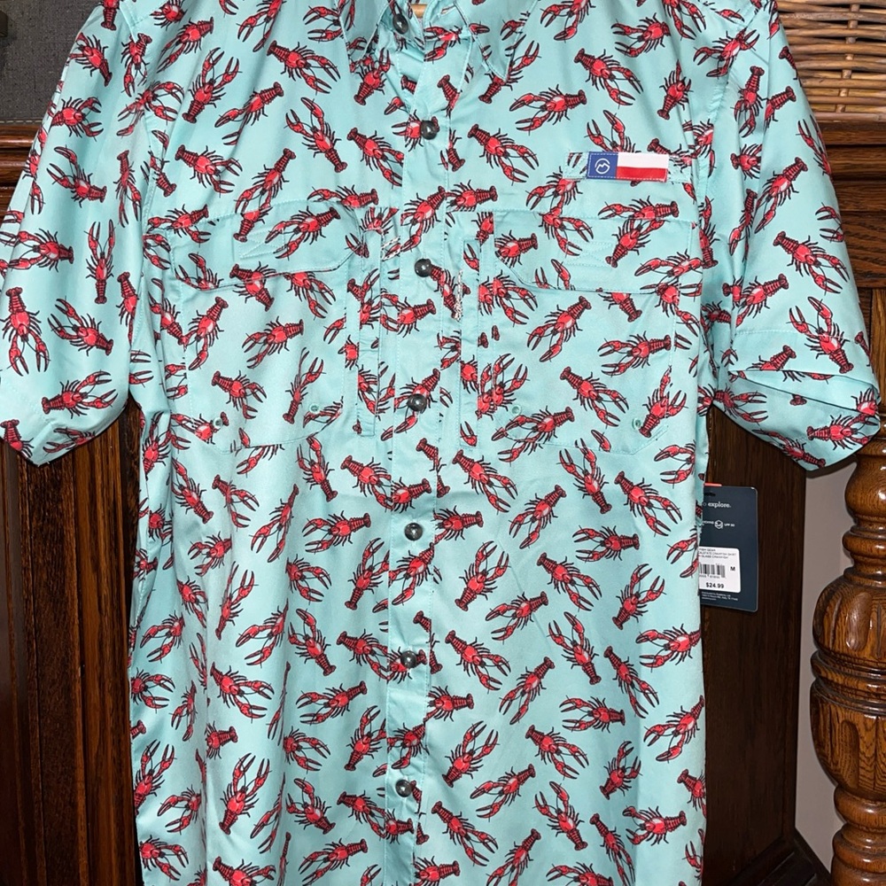 Magellan Outdoors Teal Button-Up Shirt with crawfish Print